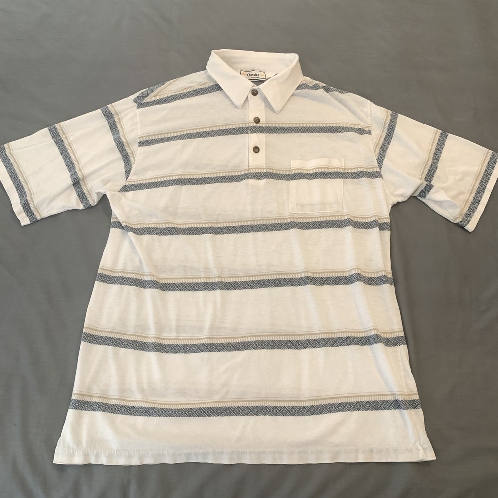 Classics by Palmland Shirt Mens Extra Large White Blue Striped Polo Pocket Retro